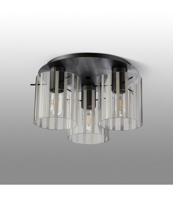 Hudson 41cm Round Ceiling Flush 3 Light Flush Fitting E27 Dark Grey/Frosted/Clear Wide Line Glass-7