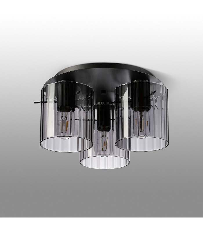 Hudson 41cm Round Ceiling Flush 3 Light Flush Fitting E27 Dark Grey/Smoke Wide Line Glass-7