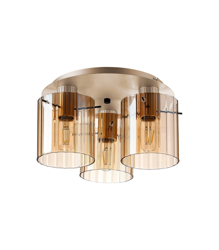 Hudson 41cm Round Ceiling Flush 3 Light Flush Fitting E27 Light Gold/Amber Wide Line Glass-4