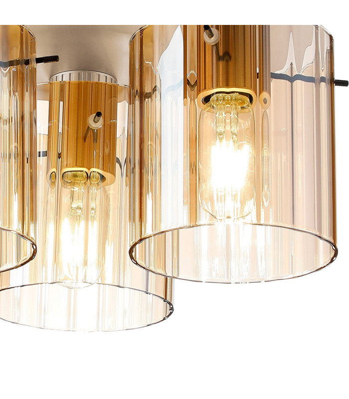 Hudson 41cm Round Ceiling Flush 3 Light Flush Fitting E27 Light Gold/Amber Wide Line Glass-6