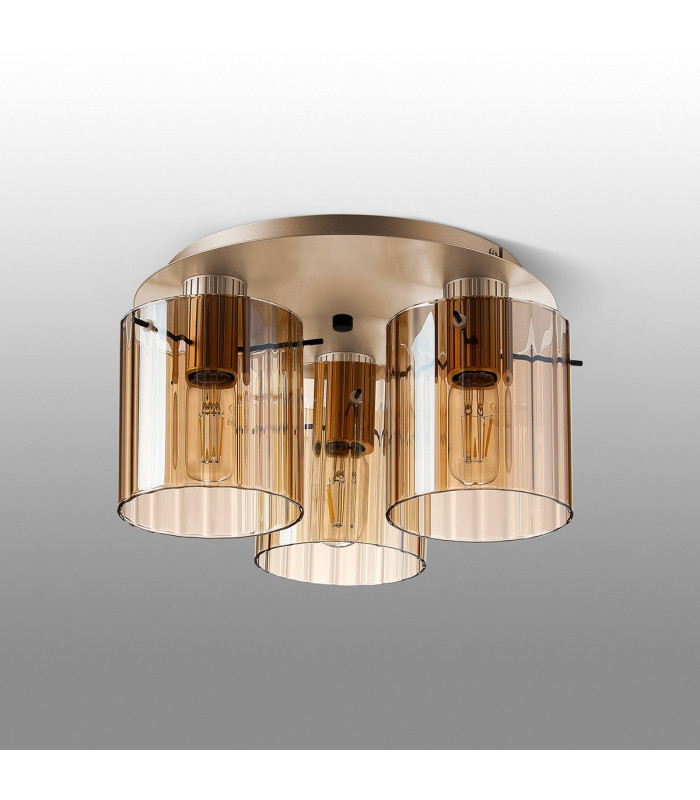 Hudson 41cm Round Ceiling Flush 3 Light Flush Fitting E27 Light Gold/Amber Wide Line Glass-7