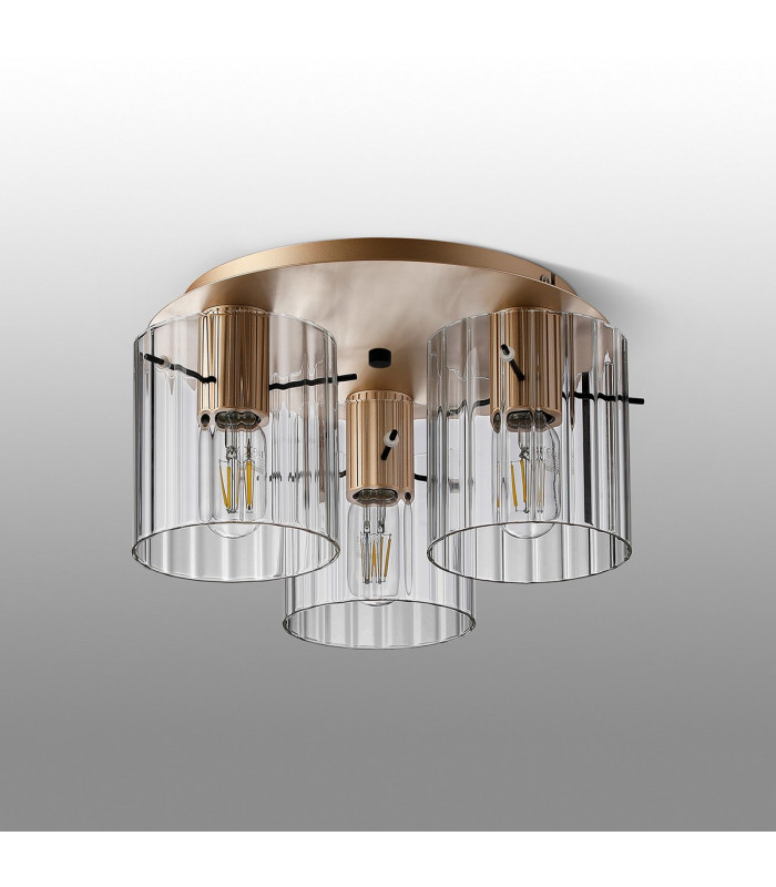 Hudson 41cm Round Ceiling Flush 3 Light Flush Fitting E27 Light Gold/Clear Wide Line Glass-7