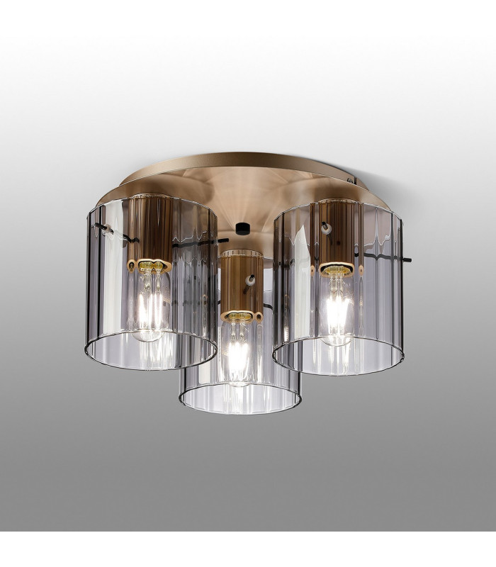 Hudson 41cm Round Ceiling Flush 3 Light Flush Fitting E27 Light Gold/Smoke Wide Line Glass-3