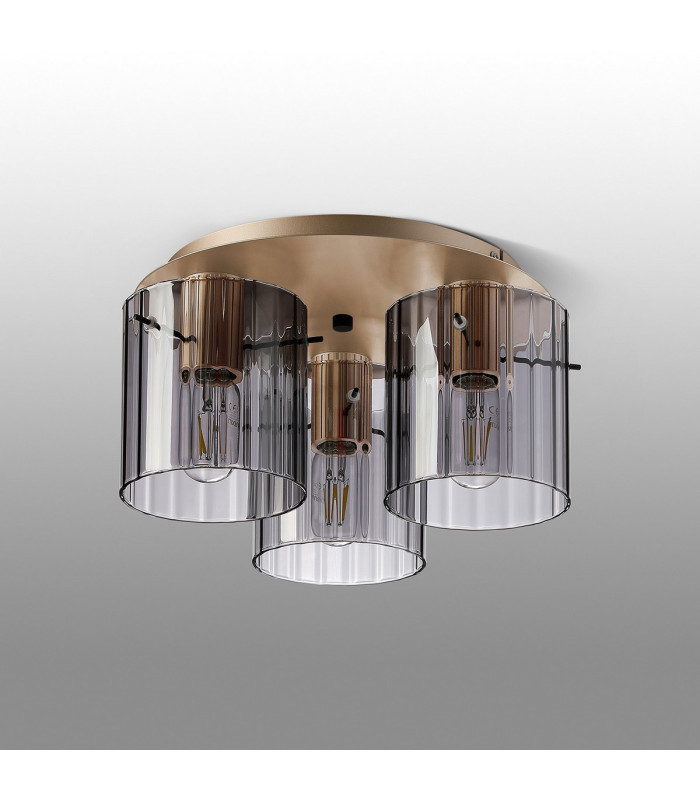 Hudson 41cm Round Ceiling Flush 3 Light Flush Fitting E27 Light Gold/Smoke Wide Line Glass-7