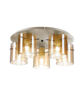 Hudson 56cm Round Ceiling Flush 5 Light Flush Fitting E27 Beige Stone/Amber Narrow Line Glass-1