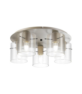 Hudson 56cm Round Ceiling Flush 5 Light Flush Fitting E27 Beige Stone/Clear Narrow Line Glass-1