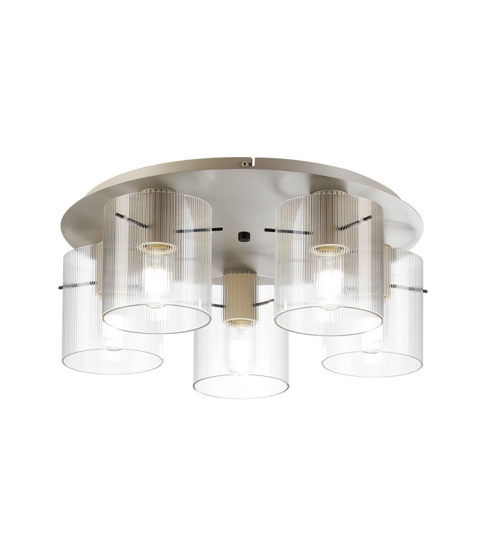 Hudson 56cm Round Ceiling Flush 5 Light Flush Fitting E27 Beige Stone/Clear Narrow Line Glass-1