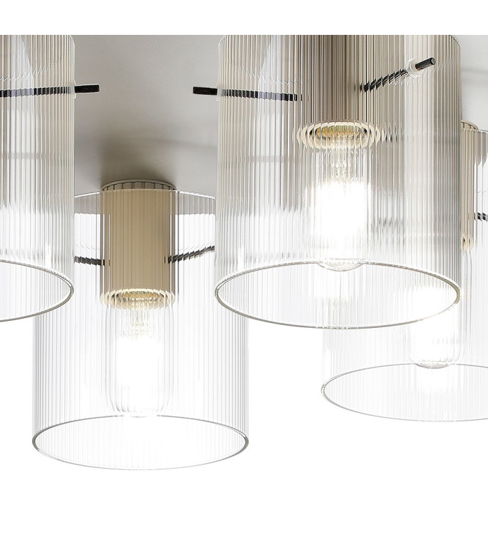 Hudson 56cm Round Ceiling Flush 5 Light Flush Fitting E27 Beige Stone/Clear Narrow Line Glass-6