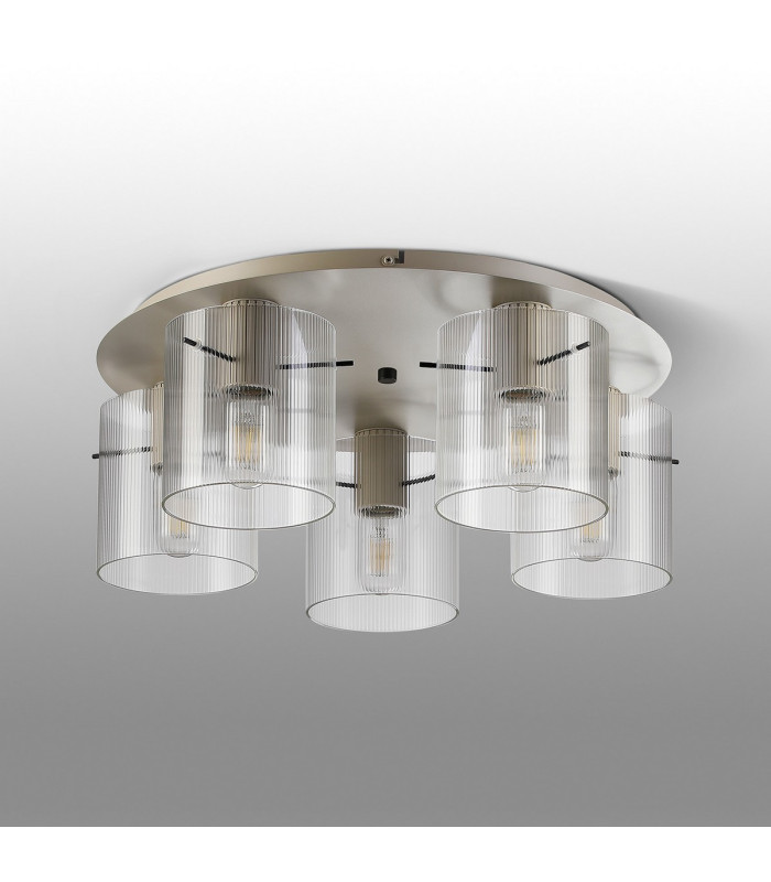 Hudson 56cm Round Ceiling Flush 5 Light Flush Fitting E27 Beige Stone/Clear Narrow Line Glass-7