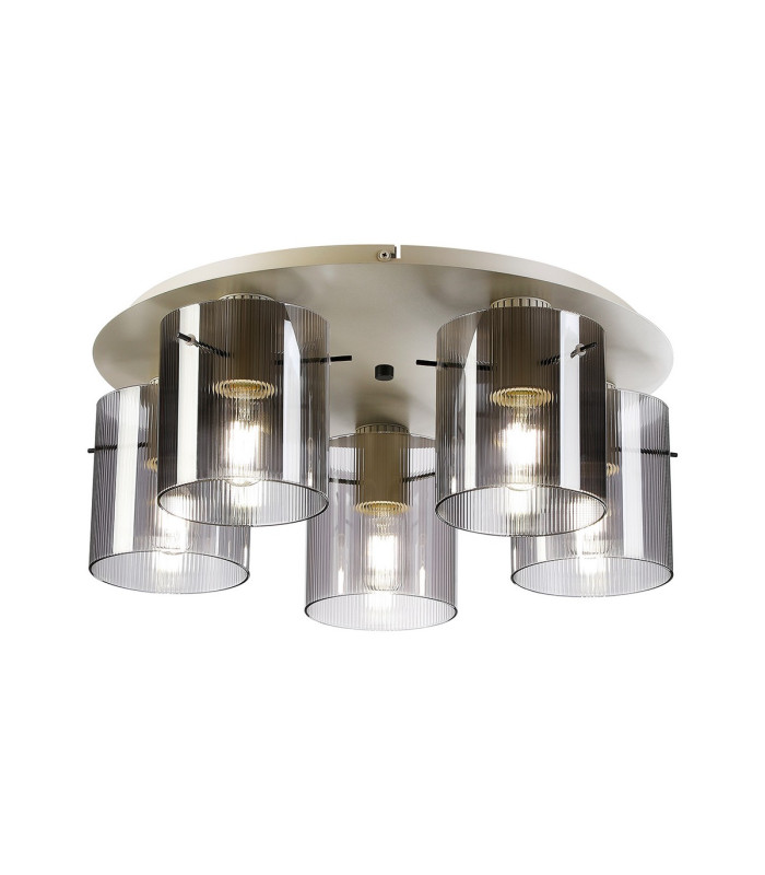 Hudson 56cm Round Ceiling Flush 5 Light Flush Fitting E27 Beige Stone/Smoke Narrow Line Glass-1