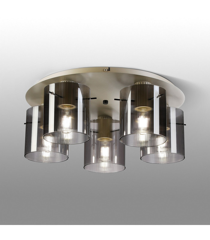 Hudson 56cm Round Ceiling Flush 5 Light Flush Fitting E27 Beige Stone/Smoke Narrow Line Glass-3