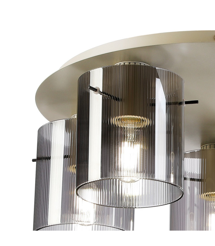 Hudson 56cm Round Ceiling Flush 5 Light Flush Fitting E27 Beige Stone/Smoke Narrow Line Glass-5