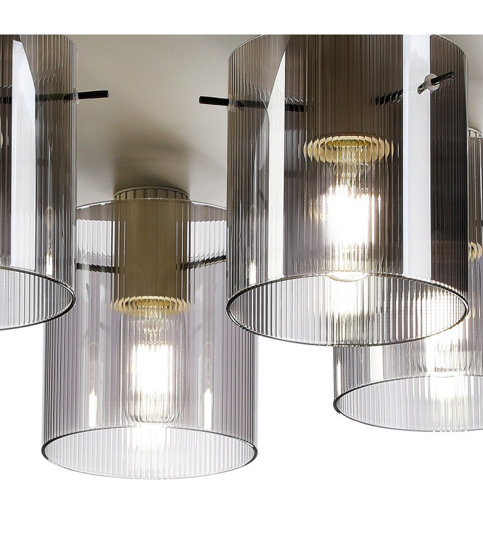 Hudson 56cm Round Ceiling Flush 5 Light Flush Fitting E27 Beige Stone/Smoke Narrow Line Glass-6