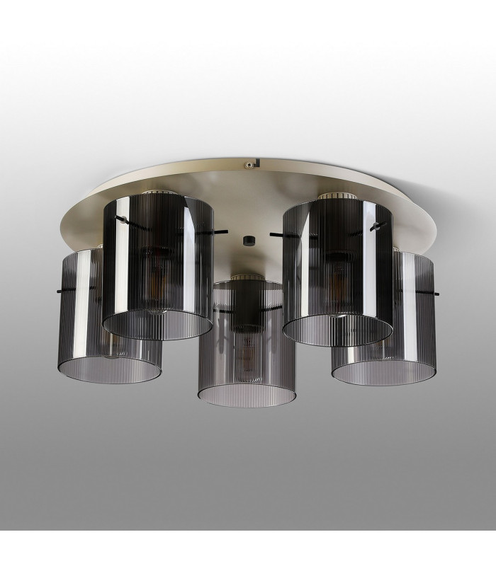 Hudson 56cm Round Ceiling Flush 5 Light Flush Fitting E27 Beige Stone/Smoke Narrow Line Glass-7