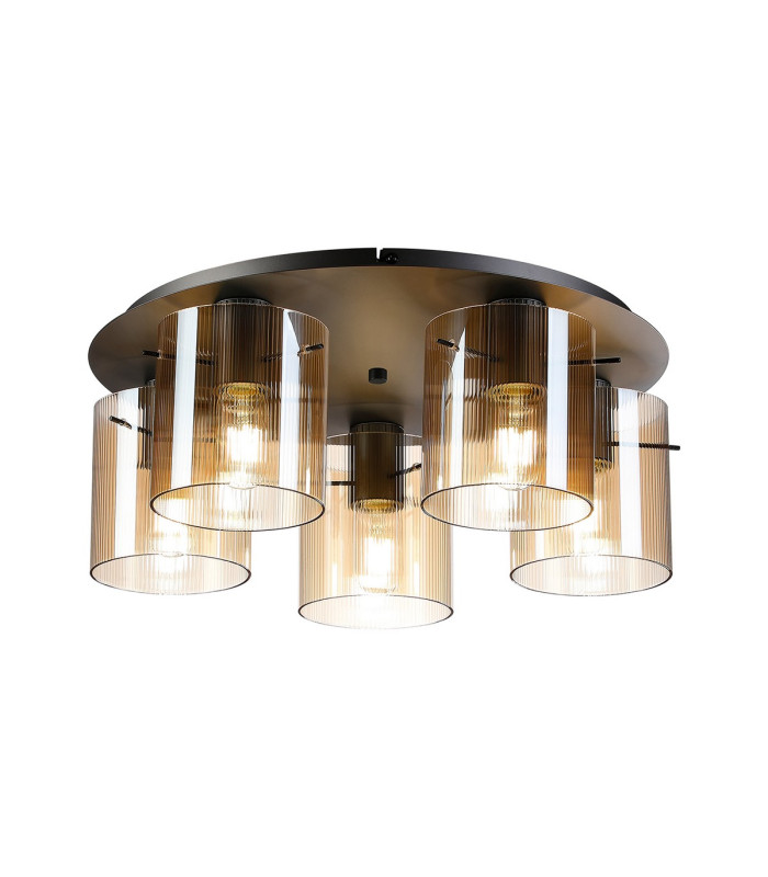 Hudson 56cm Round Ceiling Flush 5 Light Flush Fitting E27 Dark Grey/Amber Narrow Line Glass-1