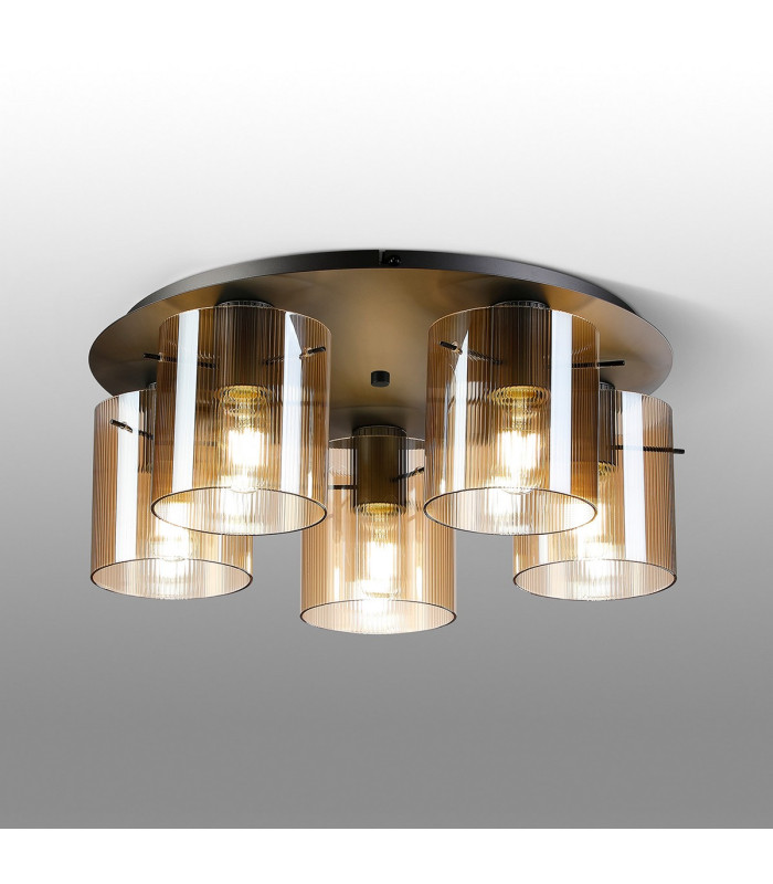 Hudson 56cm Round Ceiling Flush 5 Light Flush Fitting E27 Dark Grey/Amber Narrow Line Glass-3