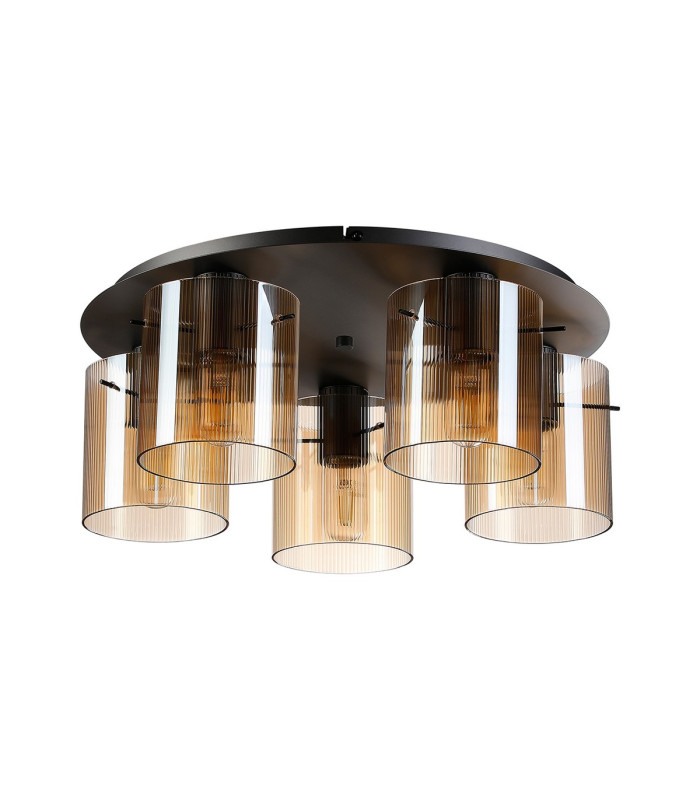 Hudson 56cm Round Ceiling Flush 5 Light Flush Fitting E27 Dark Grey/Amber Narrow Line Glass-4