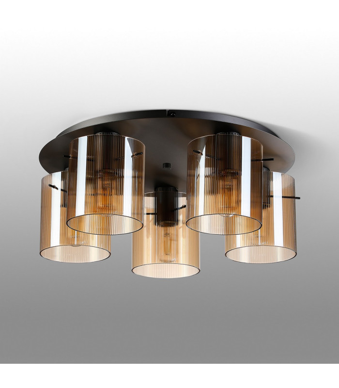 Hudson 56cm Round Ceiling Flush 5 Light Flush Fitting E27 Dark Grey/Amber Narrow Line Glass-7