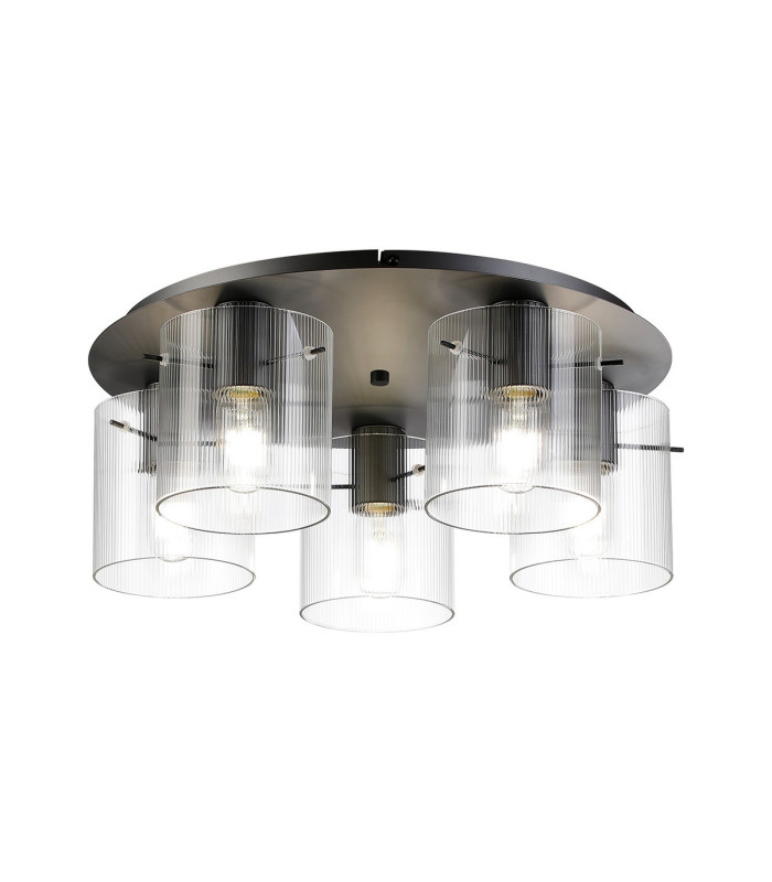 Hudson 56cm Round Ceiling Flush 5 Light Flush Fitting E27 Dark Grey/Clear Narrow Line Glass-1