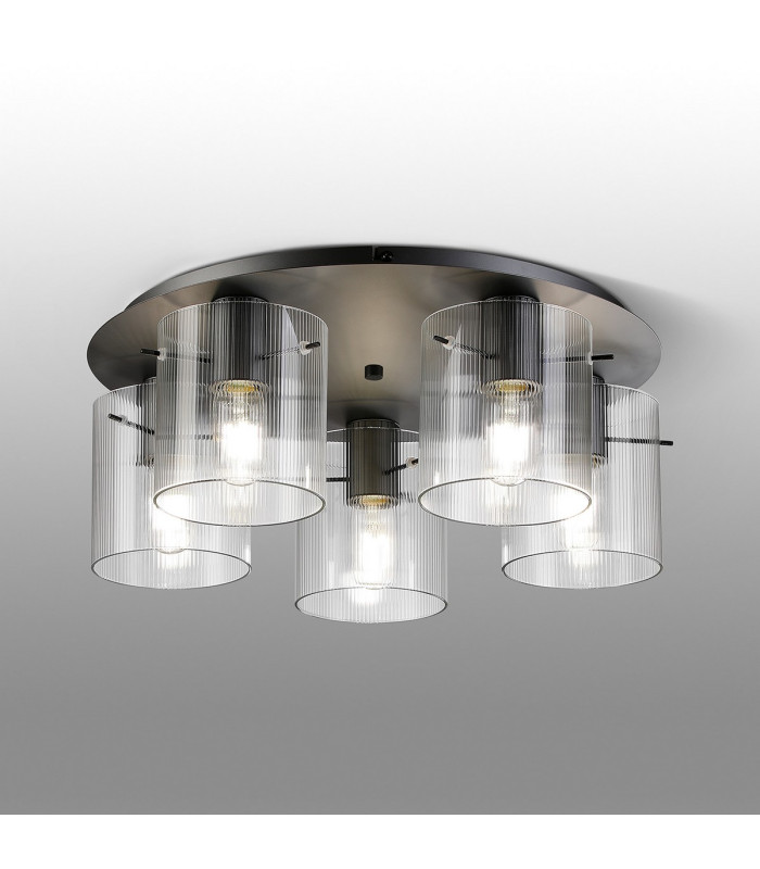 Hudson 56cm Round Ceiling Flush 5 Light Flush Fitting E27 Dark Grey/Clear Narrow Line Glass-3