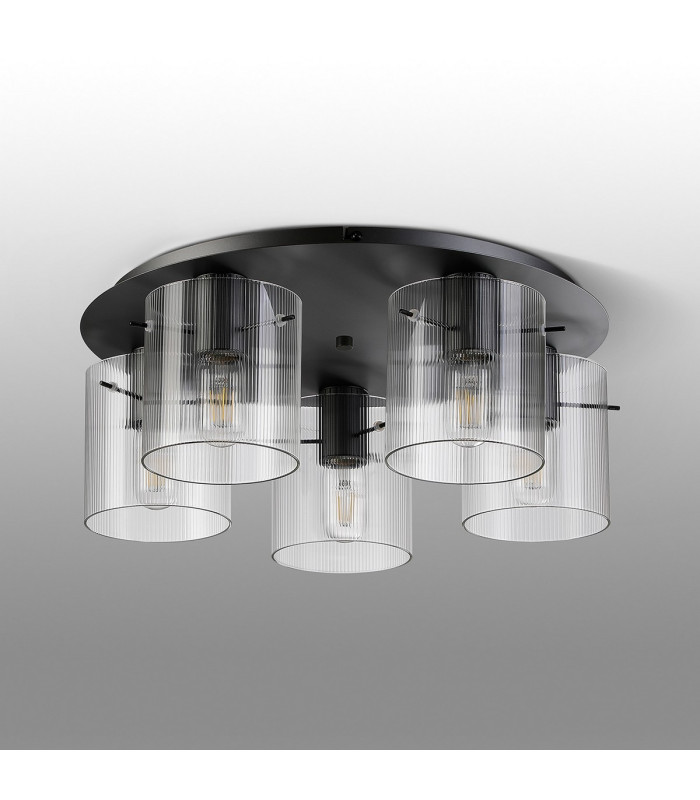 Hudson 56cm Round Ceiling Flush 5 Light Flush Fitting E27 Dark Grey/Clear Narrow Line Glass-7