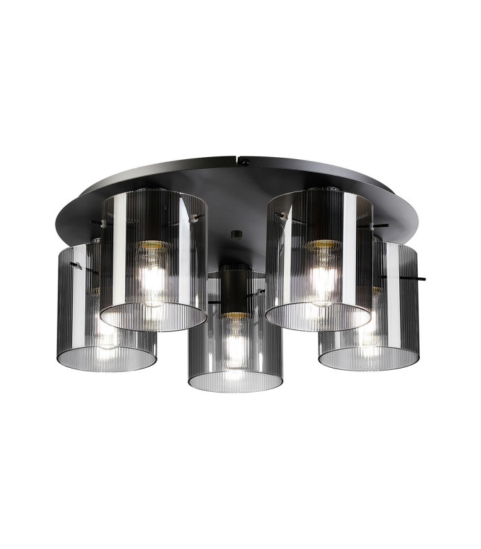 Hudson 56cm Round Ceiling Flush 5 Light Flush Fitting E27 Dark Grey/Smoke Narrow Line Glass-1