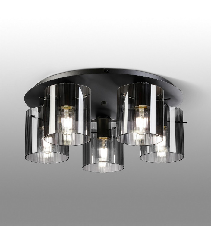 Hudson 56cm Round Ceiling Flush 5 Light Flush Fitting E27 Dark Grey/Smoke Narrow Line Glass-3