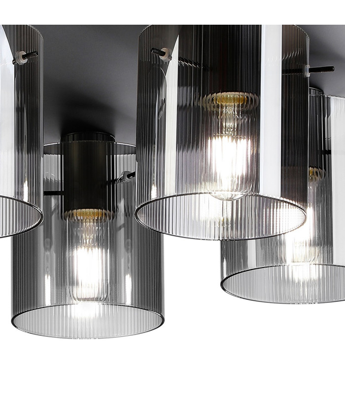 Hudson 56cm Round Ceiling Flush 5 Light Flush Fitting E27 Dark Grey/Smoke Narrow Line Glass-6