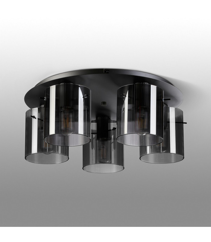Hudson 56cm Round Ceiling Flush 5 Light Flush Fitting E27 Dark Grey/Smoke Narrow Line Glass-7
