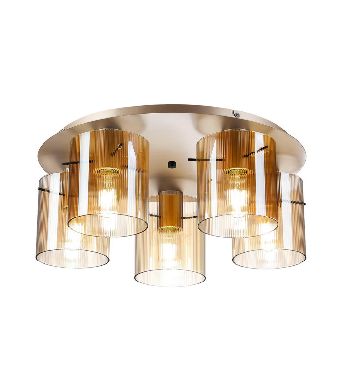 Hudson 56cm Round Ceiling Flush 5 Light Flush Fitting E27 Light Gold/Amber Narrow Line Glass-1