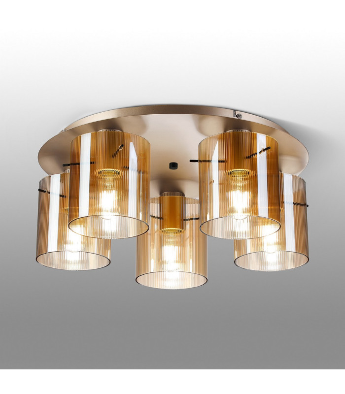 Hudson 56cm Round Ceiling Flush 5 Light Flush Fitting E27 Light Gold/Amber Narrow Line Glass-3