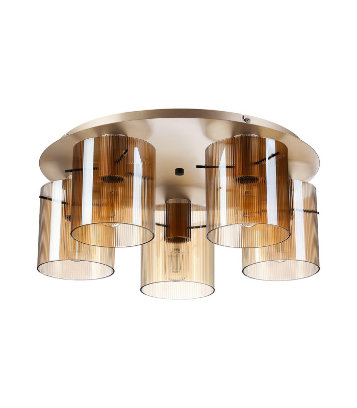 Hudson 56cm Round Ceiling Flush 5 Light Flush Fitting E27 Light Gold/Amber Narrow Line Glass-4