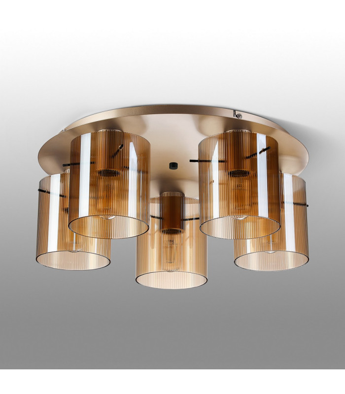 Hudson 56cm Round Ceiling Flush 5 Light Flush Fitting E27 Light Gold/Amber Narrow Line Glass-7