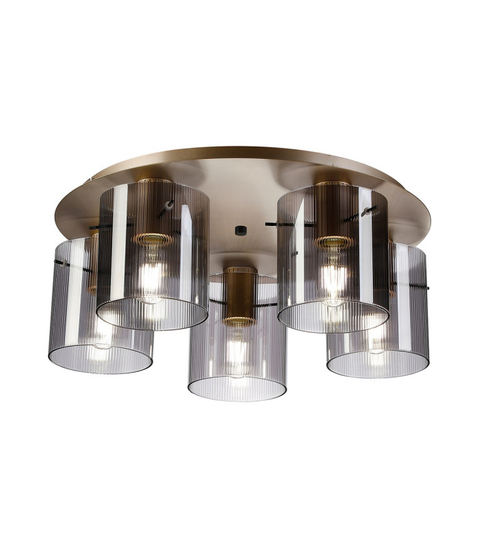 Hudson 56cm Round Ceiling Flush 5 Light Flush Fitting E27 Light Gold/Smoke Narrow Line Glass-1