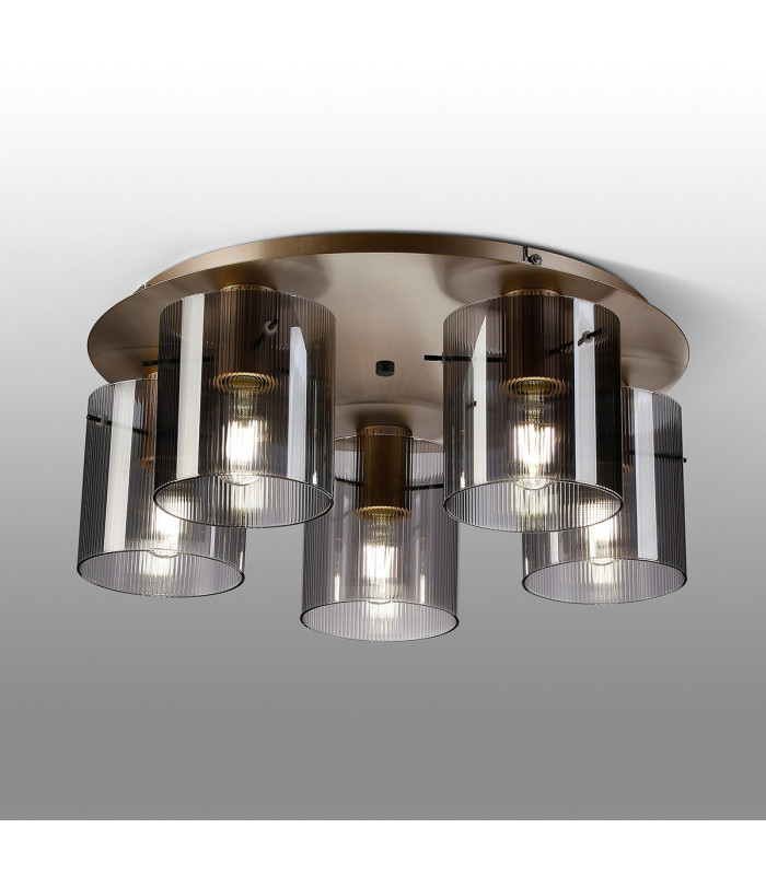 Hudson 56cm Round Ceiling Flush 5 Light Flush Fitting E27 Light Gold/Smoke Narrow Line Glass-3