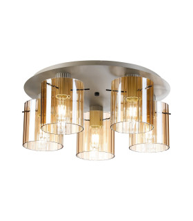 Hudson 56cm Round Ceiling Flush 5 Light Flush Fitting E27 Beige Stone/Amber Wide Line Glass-1