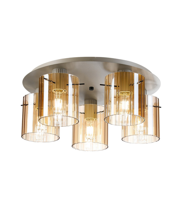Hudson 56cm Round Ceiling Flush 5 Light Flush Fitting E27 Beige Stone/Amber Wide Line Glass-1