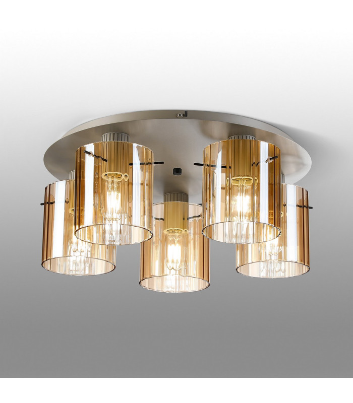 Hudson 56cm Round Ceiling Flush 5 Light Flush Fitting E27 Beige Stone/Amber Wide Line Glass-3