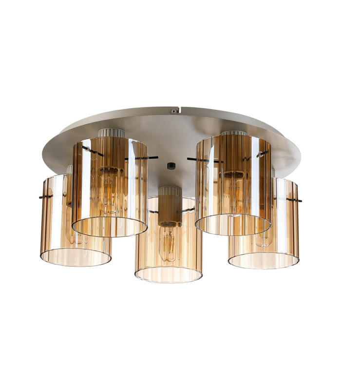 Hudson 56cm Round Ceiling Flush 5 Light Flush Fitting E27 Beige Stone/Amber Wide Line Glass-4