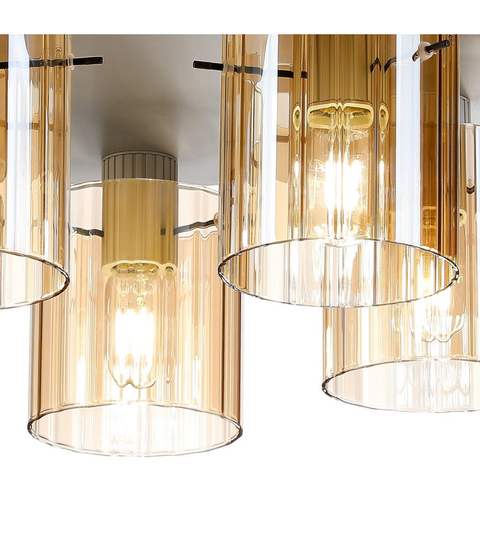 Hudson 56cm Round Ceiling Flush 5 Light Flush Fitting E27 Beige Stone/Amber Wide Line Glass-6