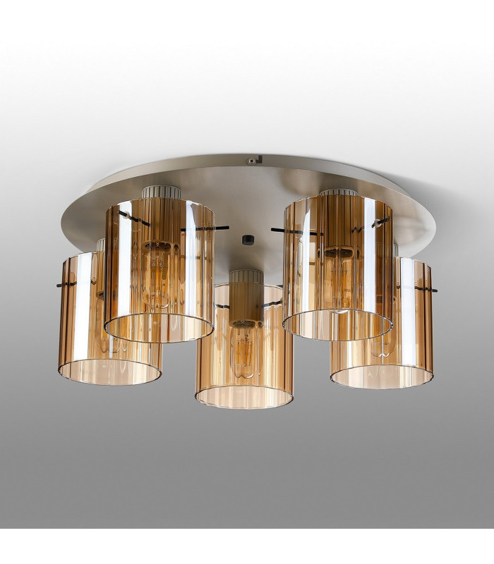 Hudson 56cm Round Ceiling Flush 5 Light Flush Fitting E27 Beige Stone/Amber Wide Line Glass-7