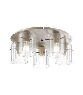 Hudson 56cm Round Ceiling Flush 5 Light Flush Fitting E27 Beige Stone/Clear Wide Line Glass-1