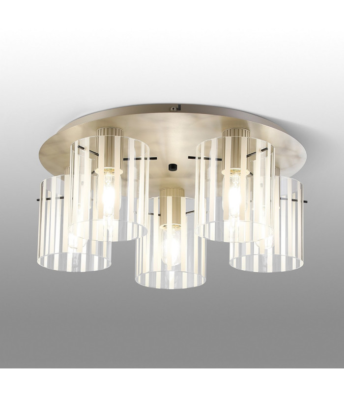 Hudson 56cm Round Ceiling Flush 5 Light Flush Fitting E27 Beige Stone/Frosted/Clear Wide Line Glass-3