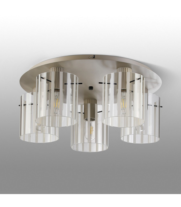 Hudson 56cm Round Ceiling Flush 5 Light Flush Fitting E27 Beige Stone/Frosted/Clear Wide Line Glass-7