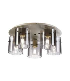 Hudson 56cm Round Ceiling Flush 5 Light Flush Fitting E27 Beige Stone/Smoke Wide Line Glass-1