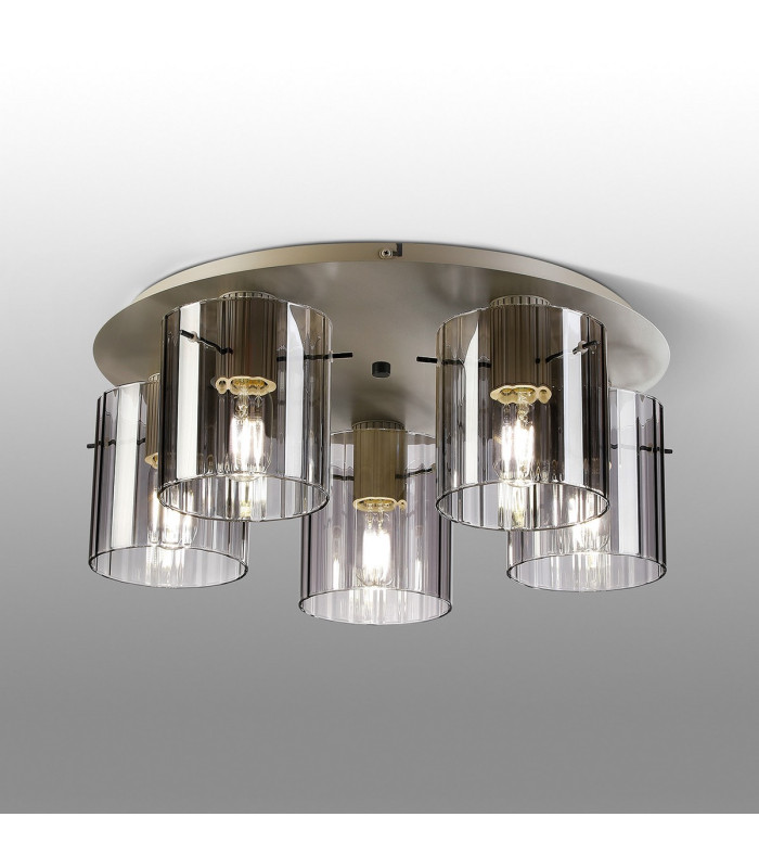 Hudson 56cm Round Ceiling Flush 5 Light Flush Fitting E27 Beige Stone/Smoke Wide Line Glass-3