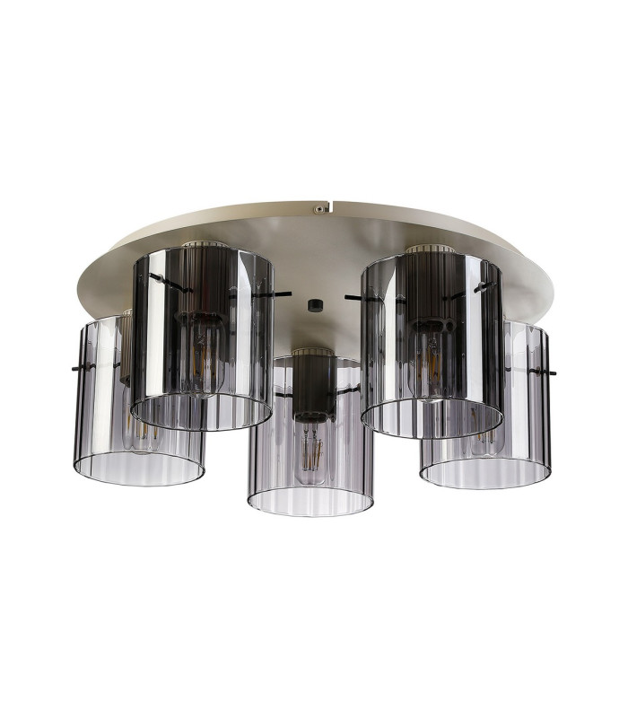 Hudson 56cm Round Ceiling Flush 5 Light Flush Fitting E27 Beige Stone/Smoke Wide Line Glass-4