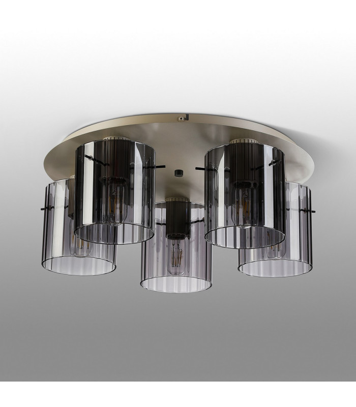 Hudson 56cm Round Ceiling Flush 5 Light Flush Fitting E27 Beige Stone/Smoke Wide Line Glass-7