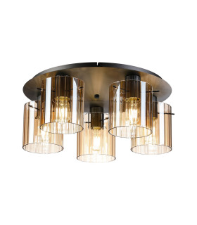Hudson 56cm Round Ceiling Flush 5 Light Flush Fitting E27 Dark Grey/Amber Wide Line Glass-1