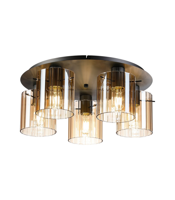 Hudson 56cm Round Ceiling Flush 5 Light Flush Fitting E27 Dark Grey/Amber Wide Line Glass-1